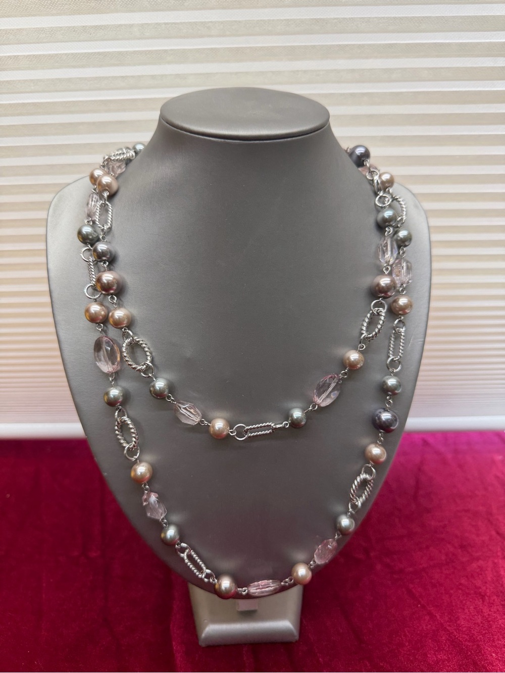 PREMIER DESIGNS Grey & Gold Faux Pearls Pink Beads Silver Tone 49” Necklace